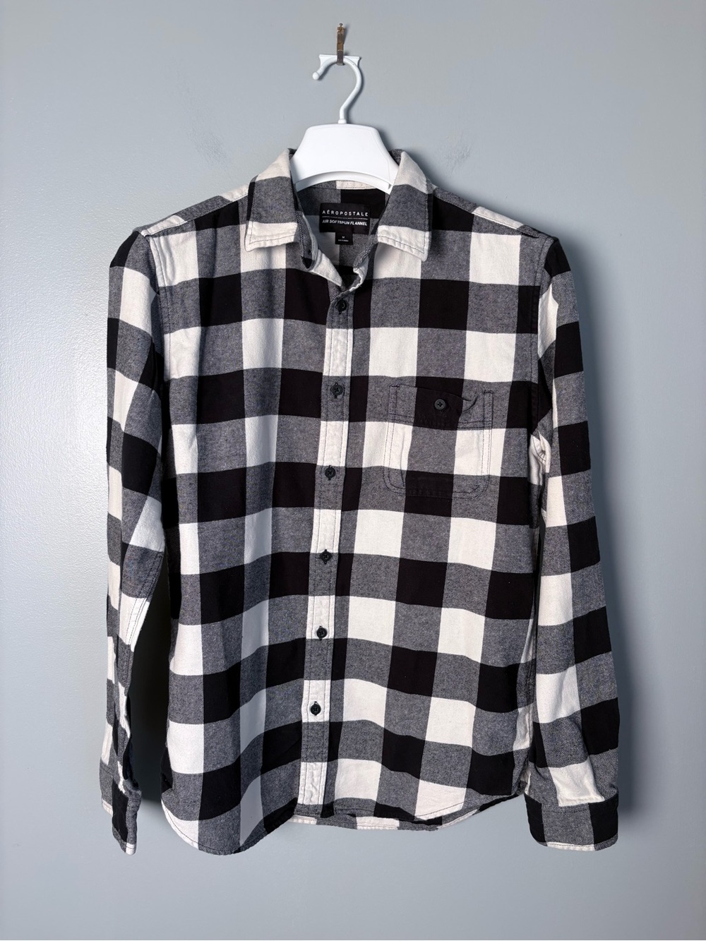 Aeropostale Mens Medium Buffalo Plaid Flannel Shirt Black White Air Softspun